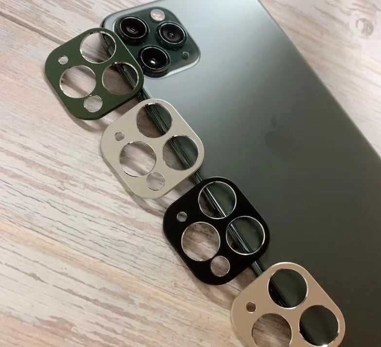 Metal camera lens protection ring for iPhone 11 and iPhone 11 Pro compatible cases in various colours.