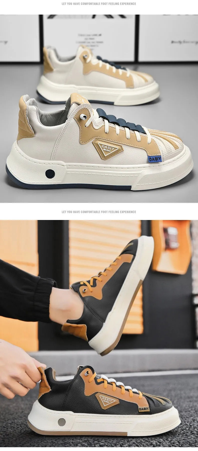 Men's beige and black casual sneakers with elastic band closure and microfiber upper