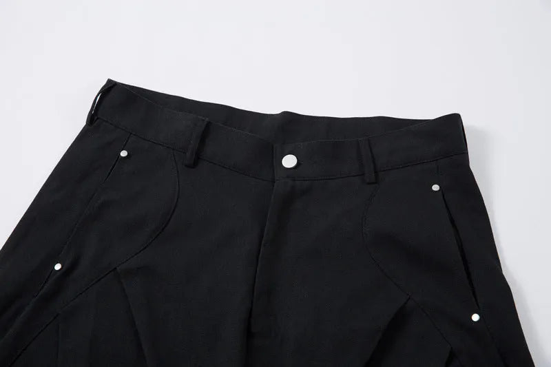 Men's pleated machete casual trousers in black, loose-fitting wide-leg cotton pants with mid waist