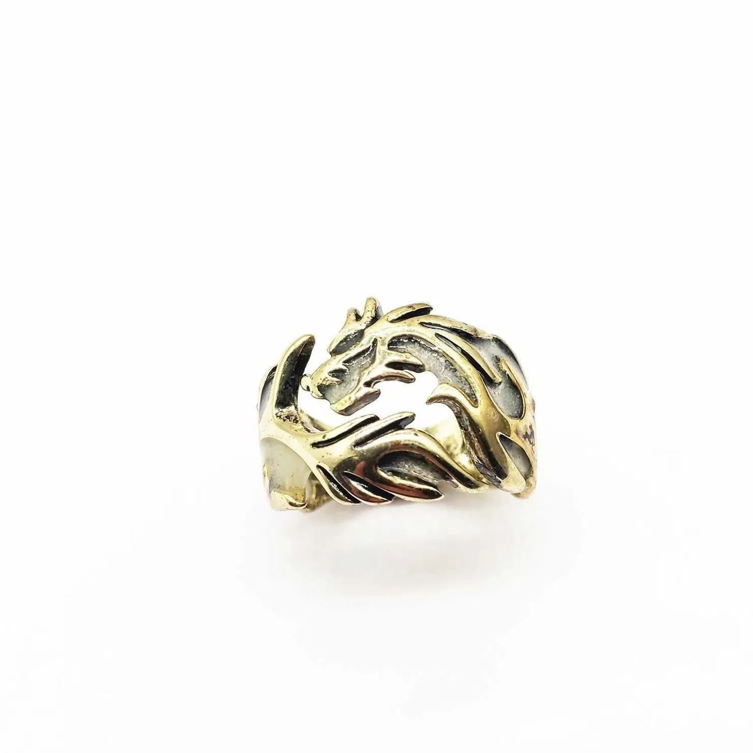 Adjustable Chinese dragon pattern ring showing antique silver blue electroplated finish