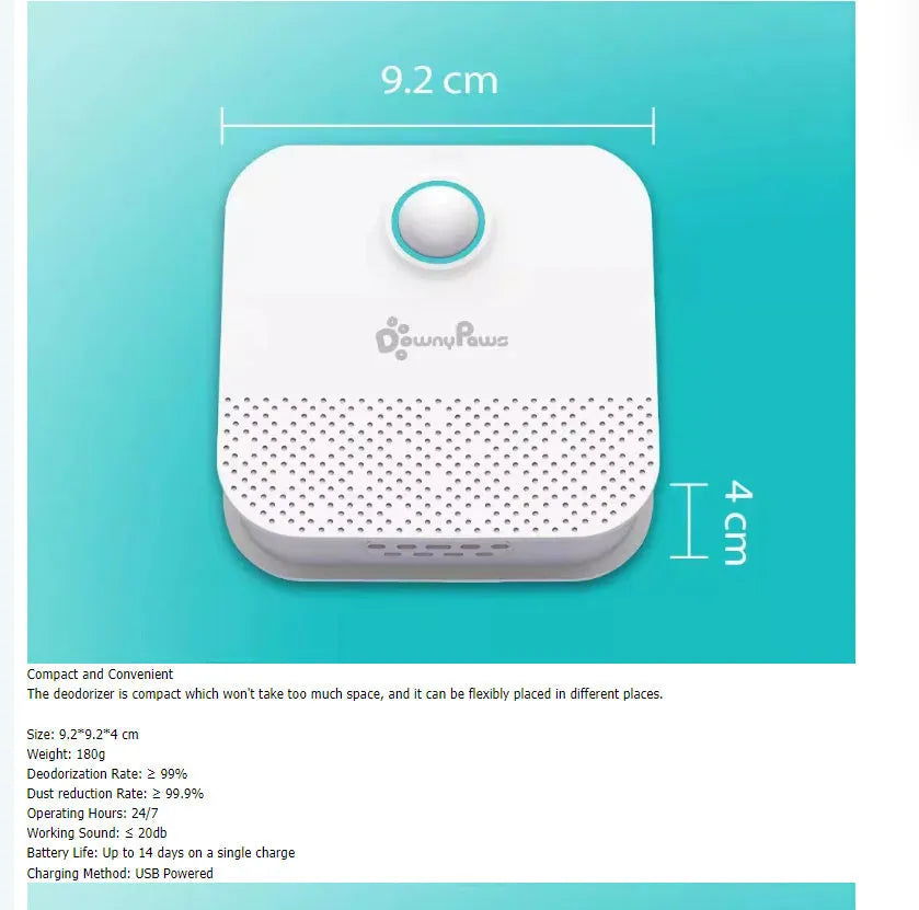 White DownyPaws 4000mAh smart cat litter odour purifier measuring 9.2cm cubed.