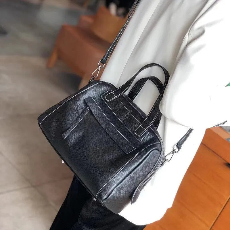 Genuine leather shoulder messenger bag with lychee grain pattern in horizontal square design