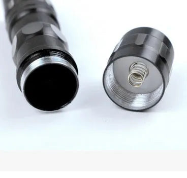 Aluminium alloy mini LED flashlight measuring 9.5cm long, available in black, blue, or red colours