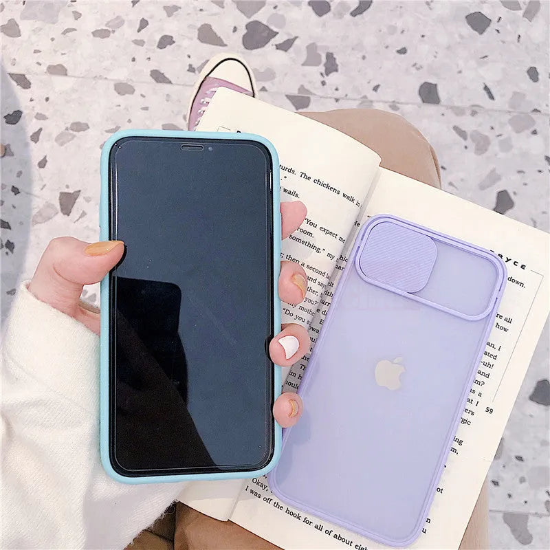 Frosted frame lens phone case in black silicone for iPhone, pure colour style