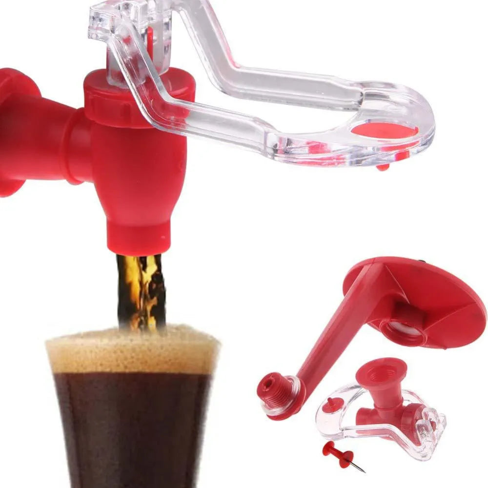 Red Magic Tap soda bottle dispenser attached to inverted 2 litre bottle with push-button mechanism