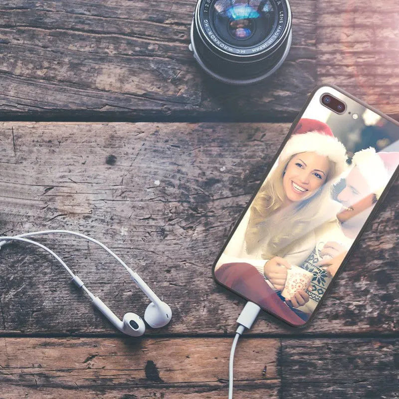 Custom patterned thin iPhone case with a raised edge around the screen and camera on an iPhone.