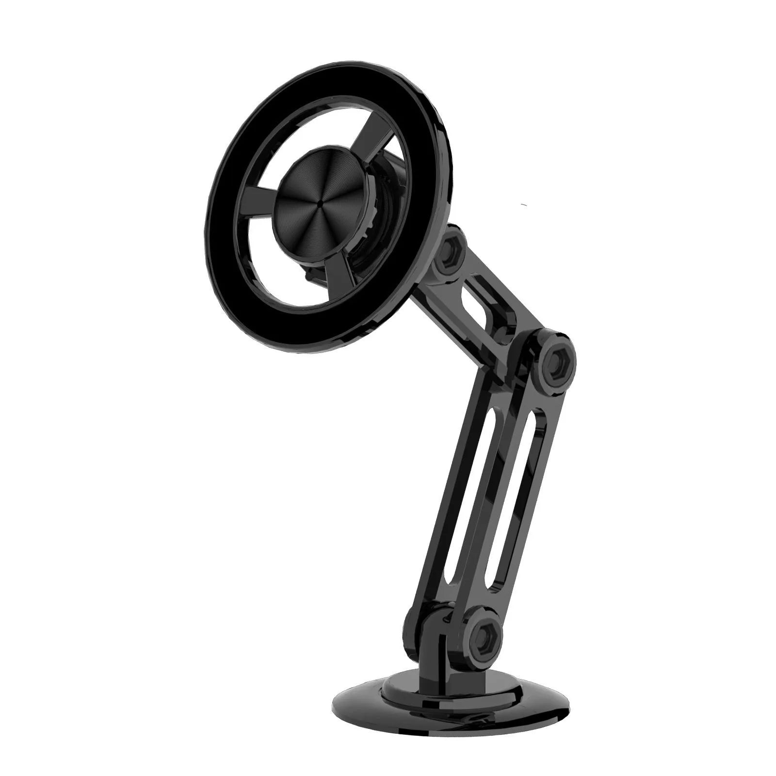 All-metal magnetic car phone holder with magnetic rings and adhesive pads in black, silver, gold, and rose gold options