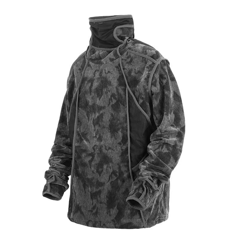 Men's black tie dye finger turtleneck sweater with full print pattern and drop shoulder sleeves