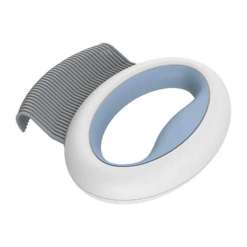 Blue plastic pet grooming comb with soft teeth and an ergonomic handle on a white background.
