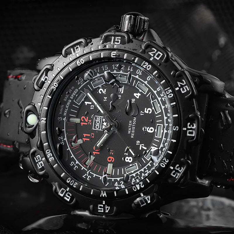 Men's quartz military watch with 45mm round alloy case, silicone band, and luminous dial on a neutral background