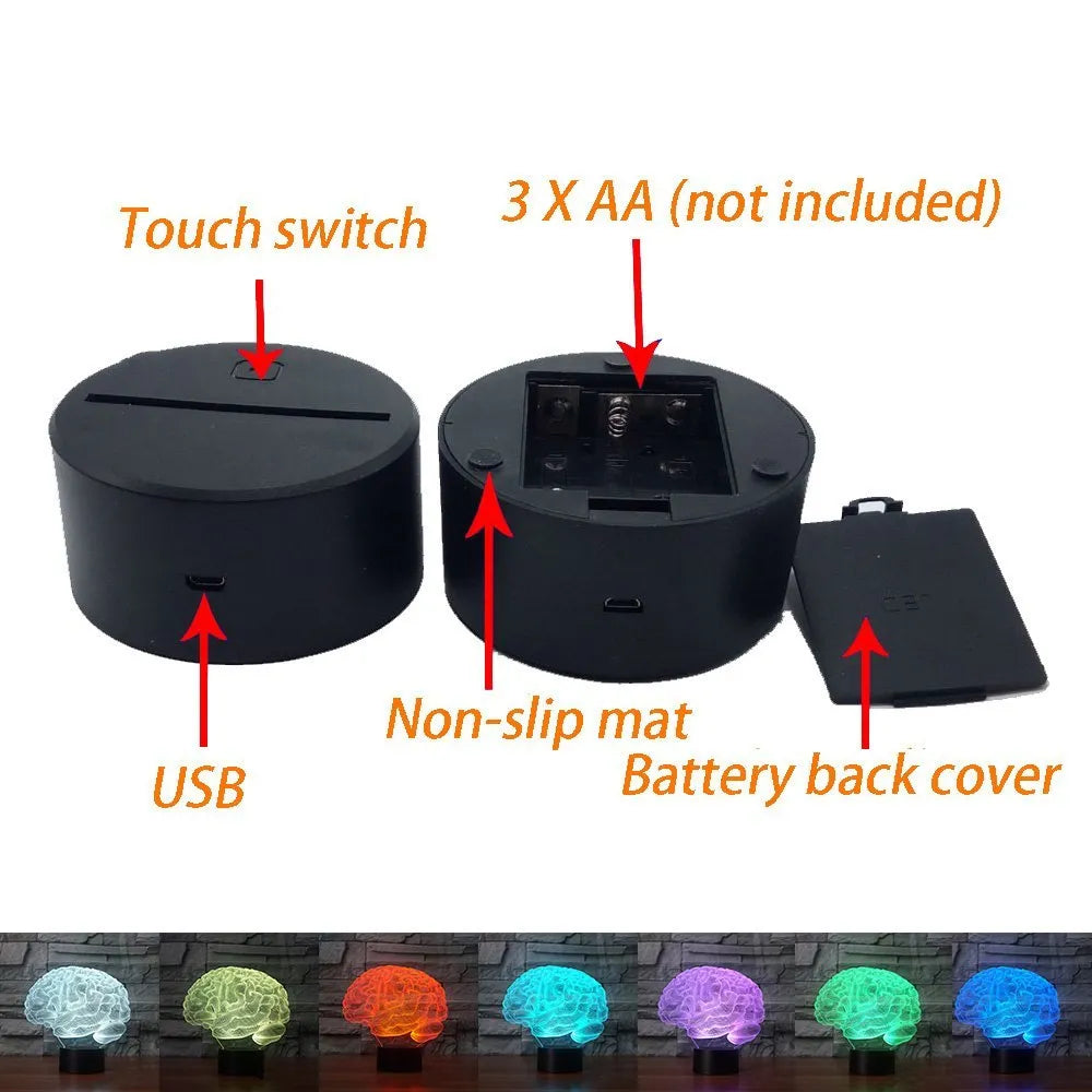 3D brain illusion LED desk lamp on stand with remote control, showing colourful light projection.