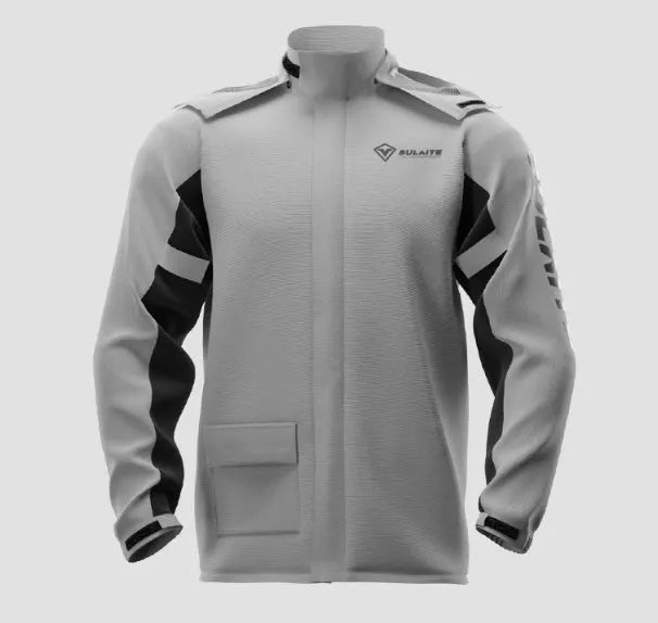 Motorcycle rain suit set showing split raincoat, rain pants, hidden shoe covers and storage bag