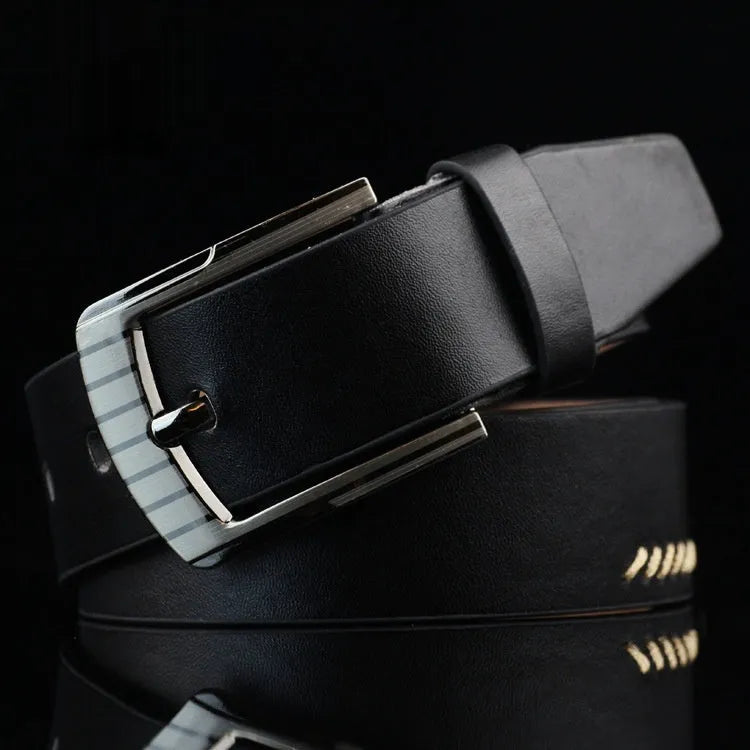 Men's black threading pattern casual belt with alloy pin buckle, laid flat showing 110cm length