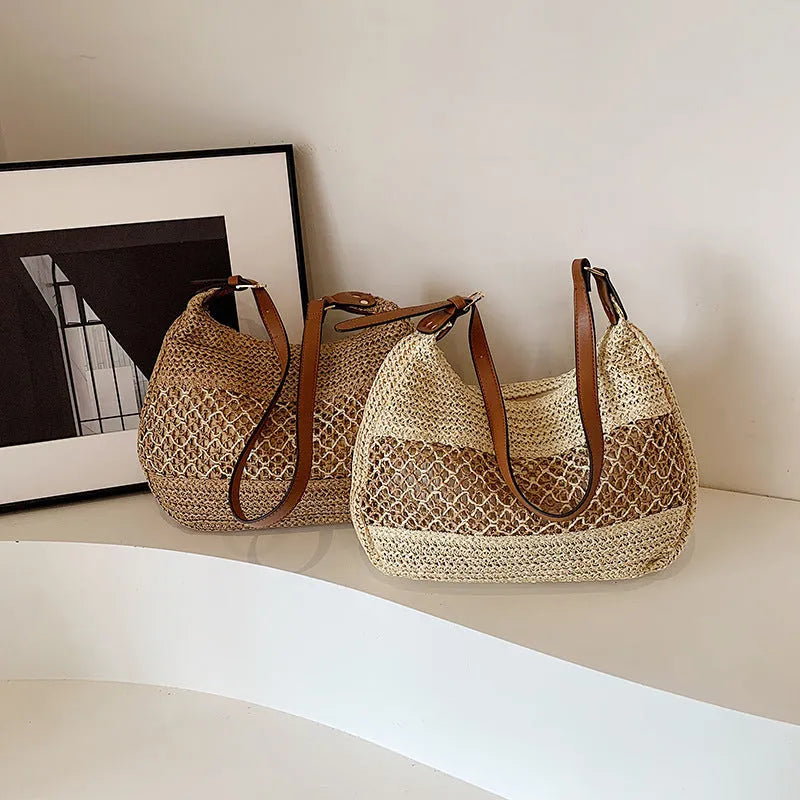 Women's straw cross body bag in khaki or milky white with horizontal square shape and sandwich pocket