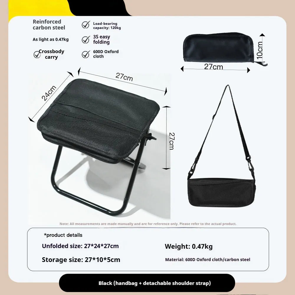 Foldable Oxford cloth camp stool shown in khaki colour with pencil box design for outdoor seating