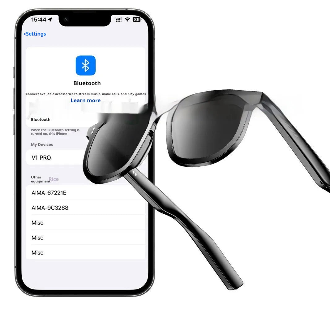 Black PC frame Bluetooth smart sunglasses with touch controls for audio and calls