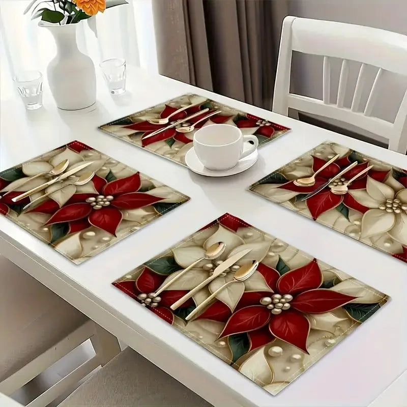 Square linen Christmas placemat with tree print, 30x45cm, in a holiday table setting