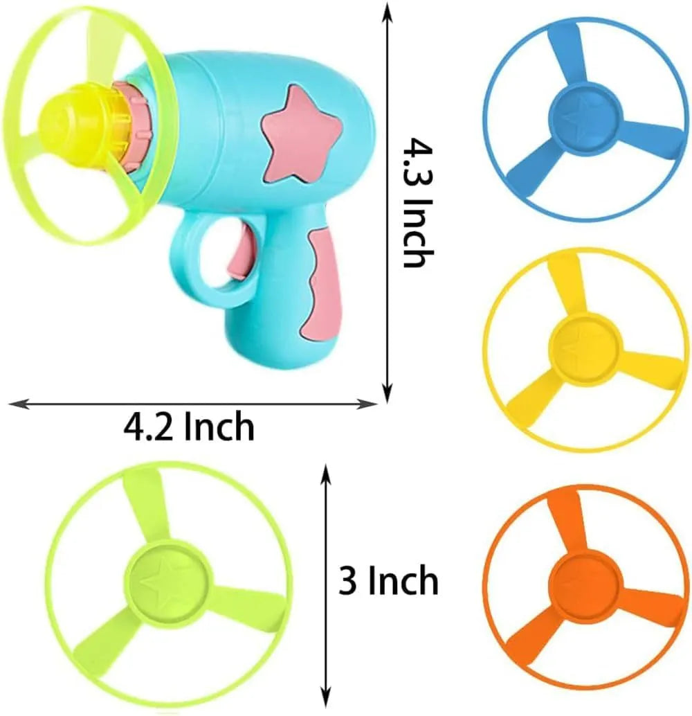 Blue or pink plastic cat toy gun launcher with two coloured frisbees for indoor play.