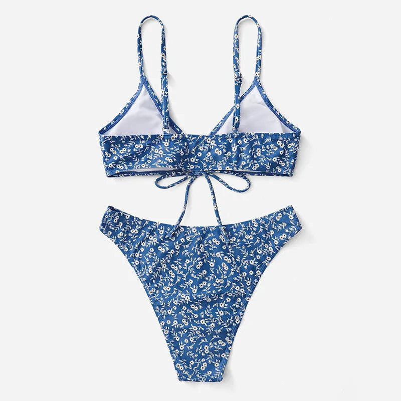 Blue women's polyester swimsuit set with tank top and shorts, no steel ring.