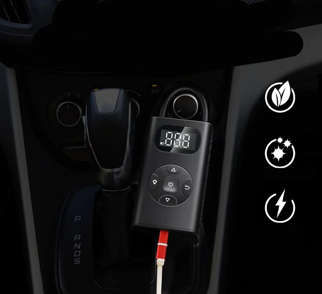 Black portable power bank tyre inflator with digital display and 16cm hose for car motorcycle bicycle
