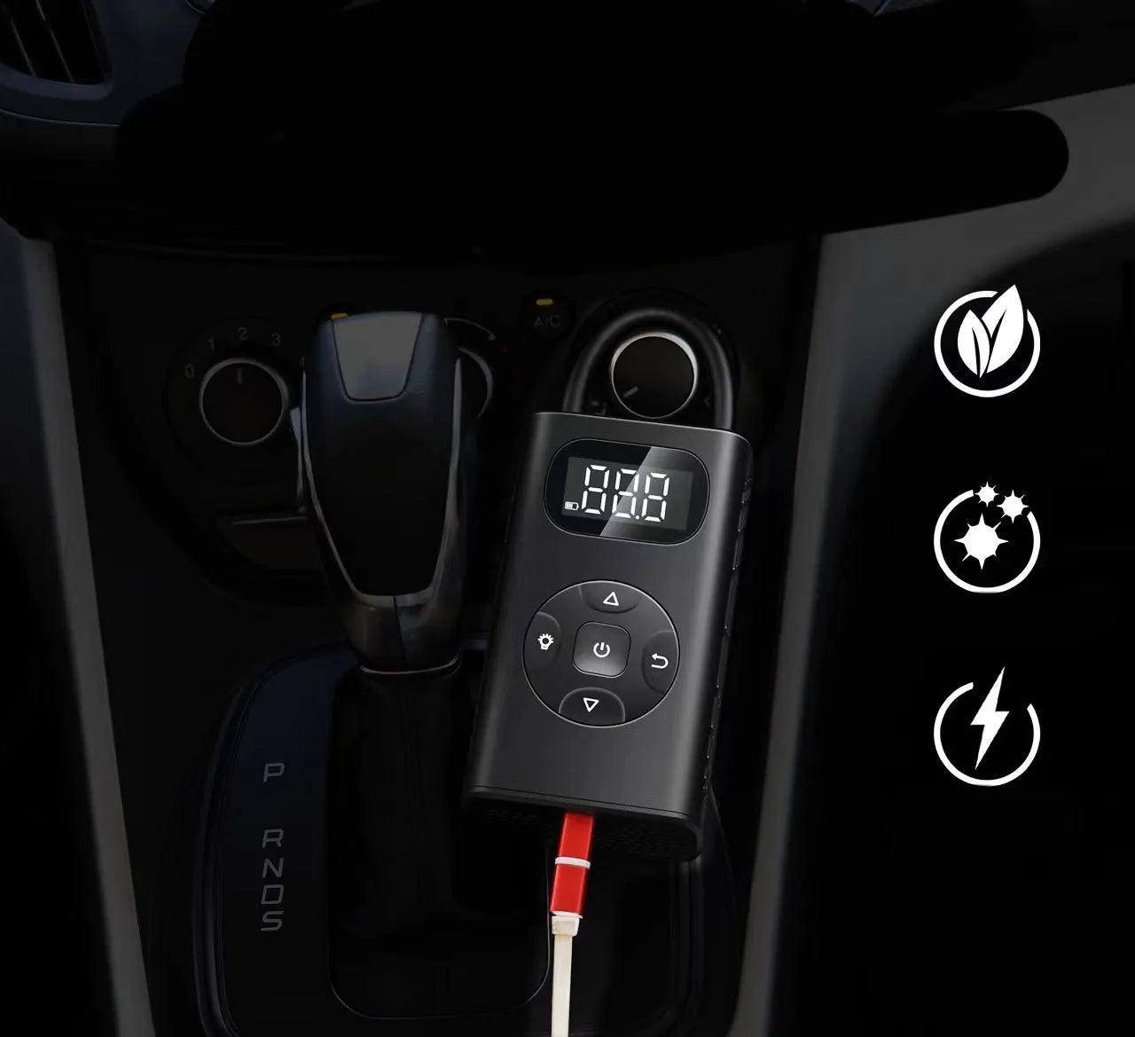 Black portable power bank tyre inflator with digital display and 16cm hose for car motorcycle bicycle