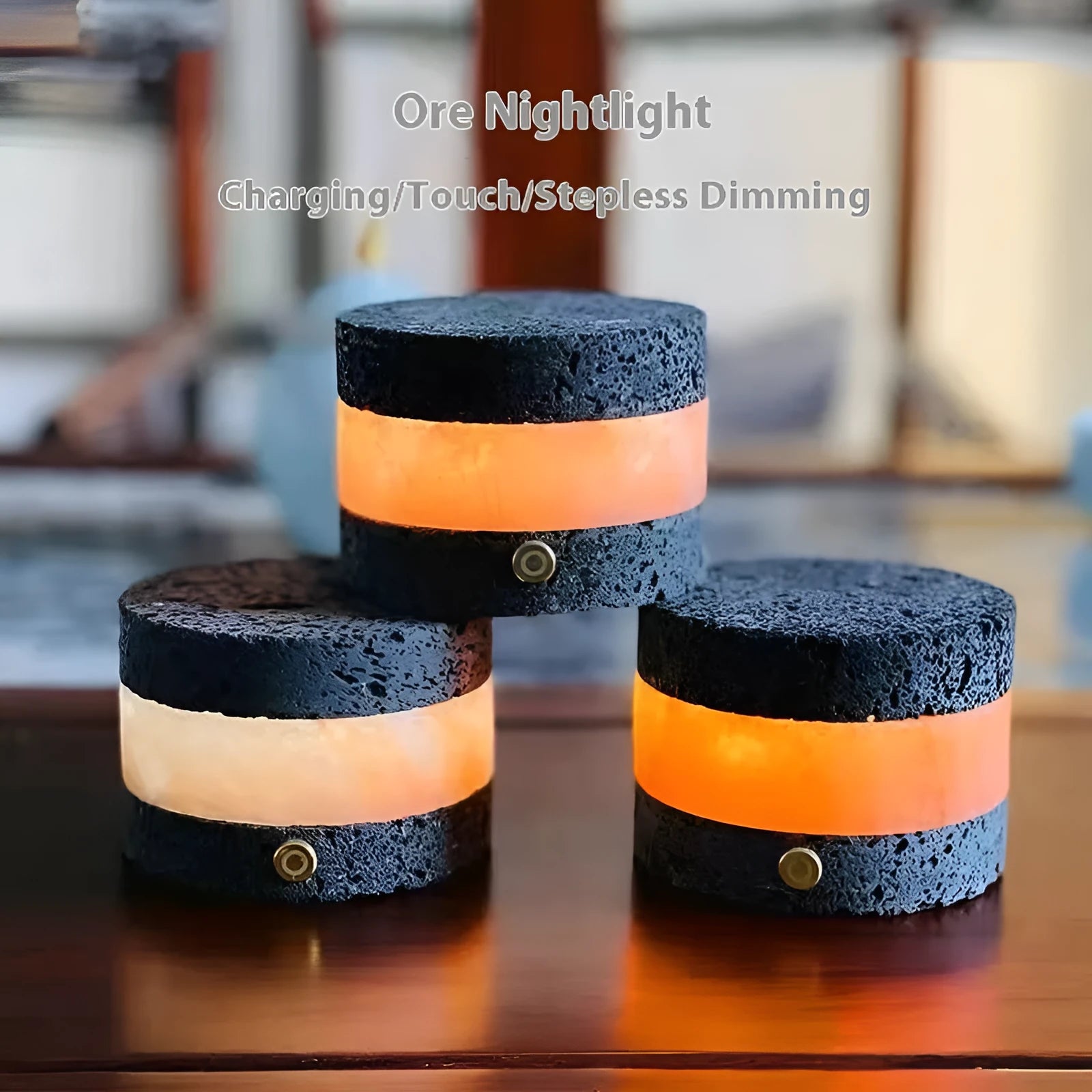 Small USB night lamp with volcanic rock top and warm light, modern simplicity style, 9cm x 7.5cm