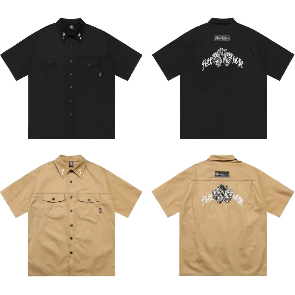 Men's loose embroidered pocket shirt in black, half sleeve cotton blend work shirt