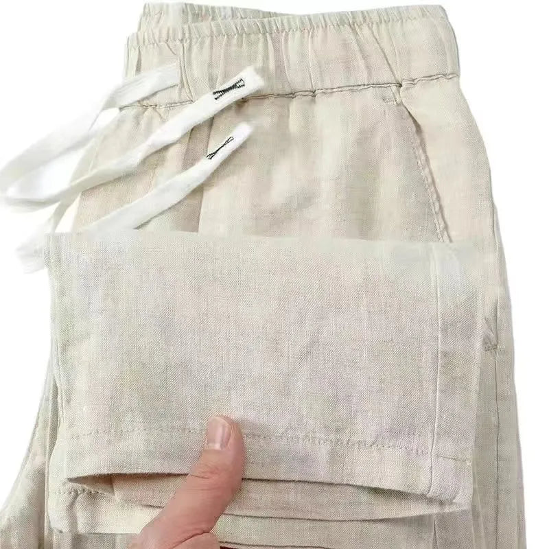 Chinese style straight leg linen trousers with elastic drawstring waist in multiple colour options