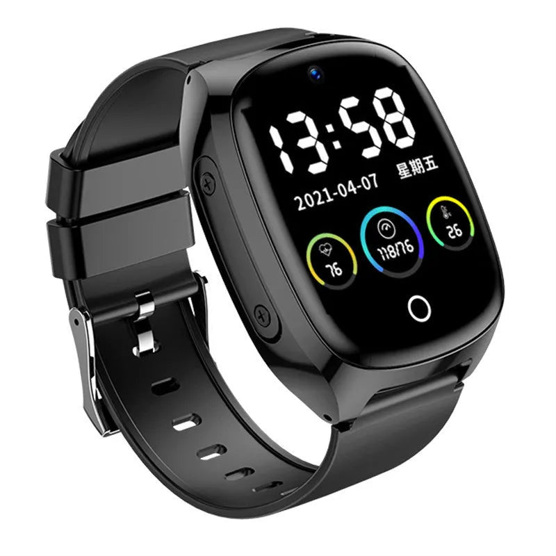 GPS location tracker phone watch with 1.54-inch touch screen, black, English version, showing front face and band