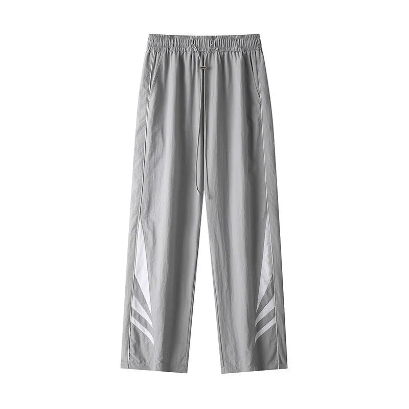 Men's straight leg casual trousers in black or grey with elastic waistband for plus size summer wear