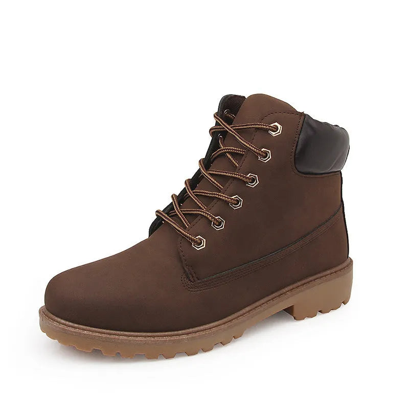 Pink men's Martin boots with velvet lining, flat heel, and front lace-up design