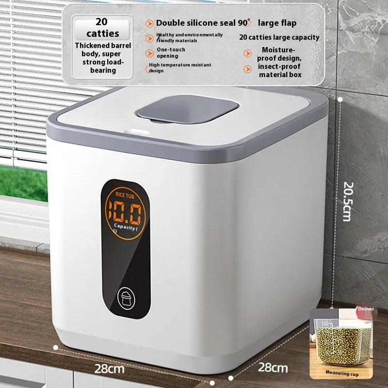 Grey plastic rice storage jar with sealed lid for moisture-proof and insect-proof food protection