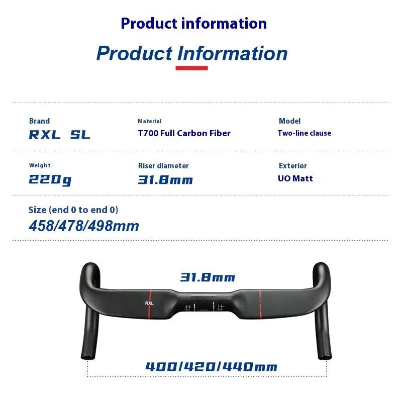Carbon fiber road bicycle handlebar with red double line finish on a white background