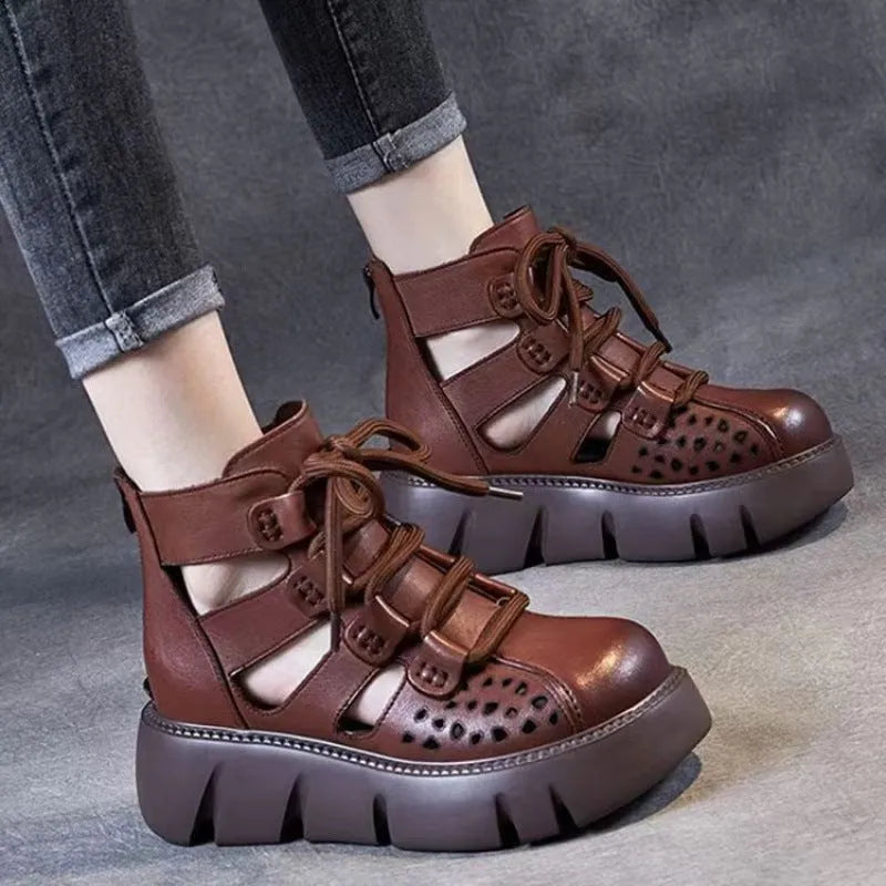 Women's platform sandals in khaki with fish mouth toe, hollow-hole design, plush upper, and PU sole
