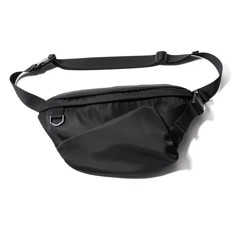 Men's black Oxford fabric slanted chest bag with sewing line detail, 8-inch size, worn across chest