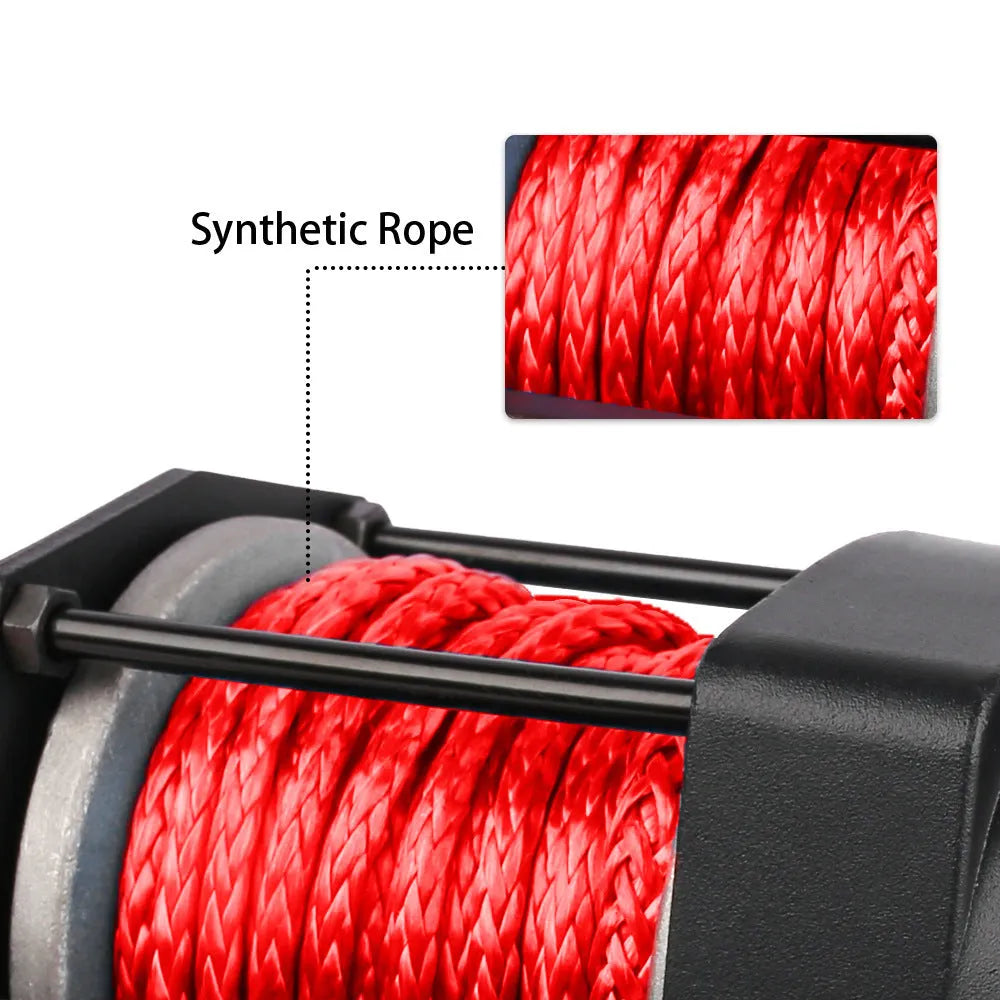Black electric winch with nylon rope and mounting plate for off-road vehicle recovery