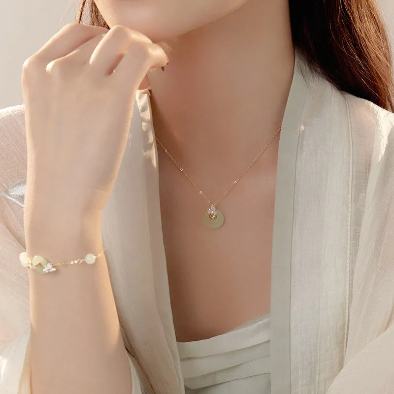 925 silver orchid pendant necklace with peace buckle on O-ring chain, pastoral geometry design