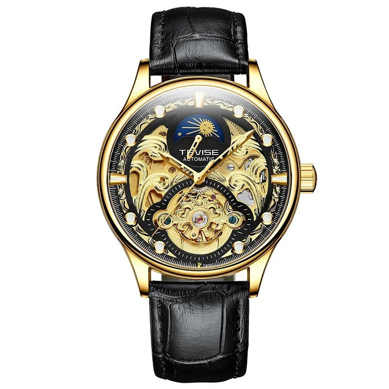 Men's gold leather automatic mechanical watch with waterproof business design