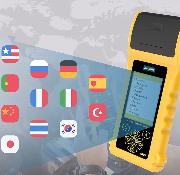 Autool BT760 colour screen vehicle battery tester with connection clips and printed diagnostic receipt