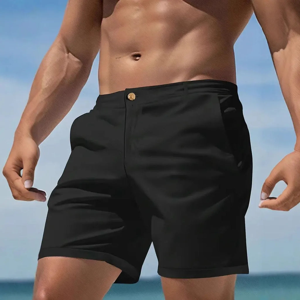 Men's straight-leg cotton blend casual shorts in grey on a hanger.