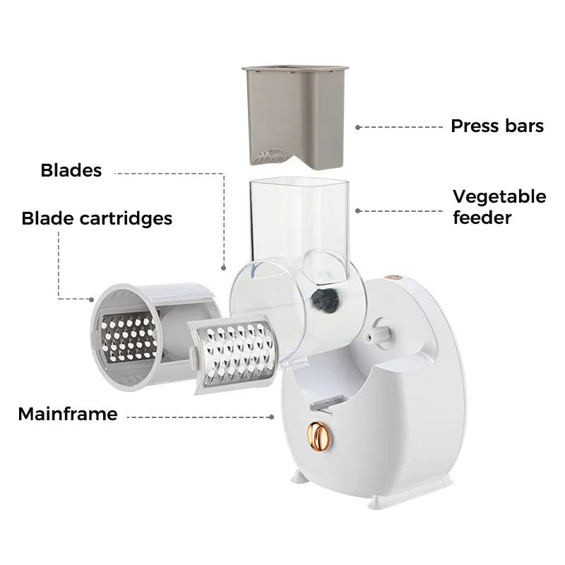 White electric vegetable slicer with suction base and multiple blades for cutting potatoes and carrots