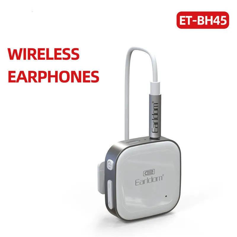 Black lavalier-style Bluetooth audio receiver for wireless headphones with a 10m range.