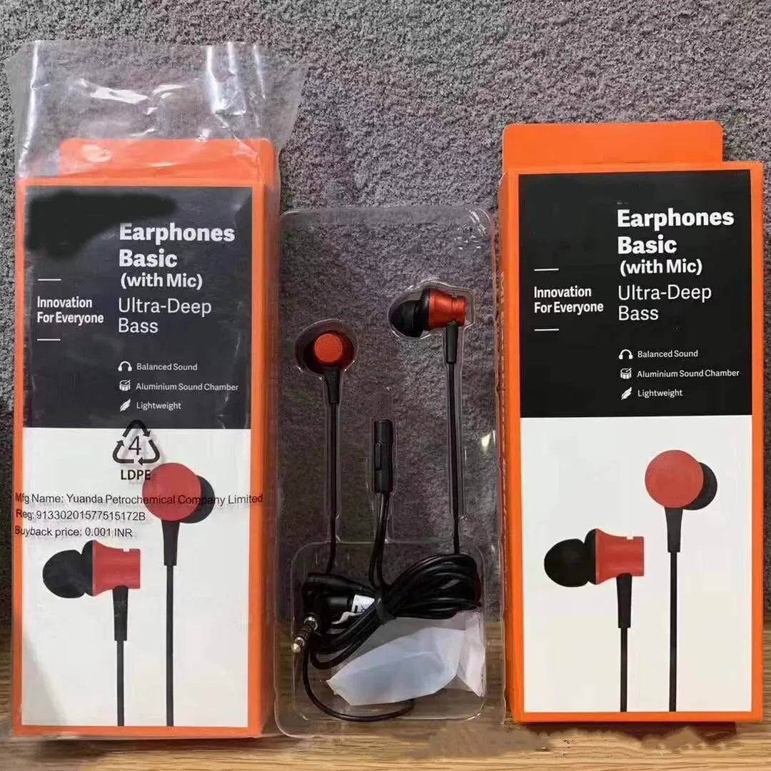 Piston in-ear wired headphones with 3.5mm jack in black, blue, and red colour options