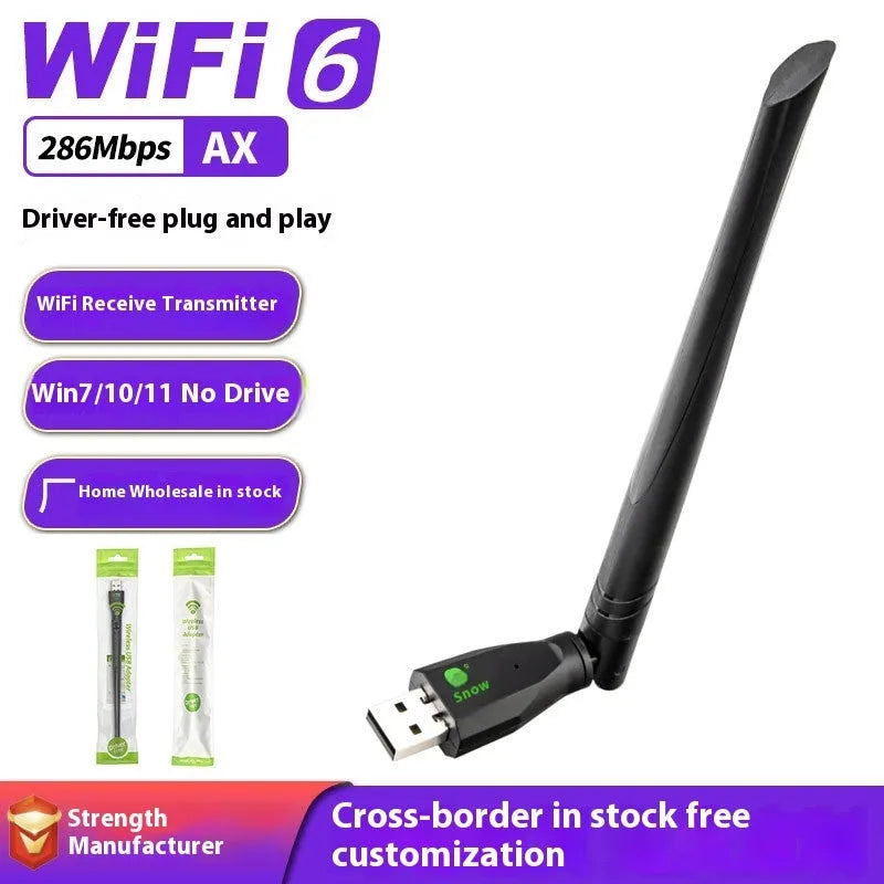 Black USB WiFi6 wireless network card dongle with driver-free installation