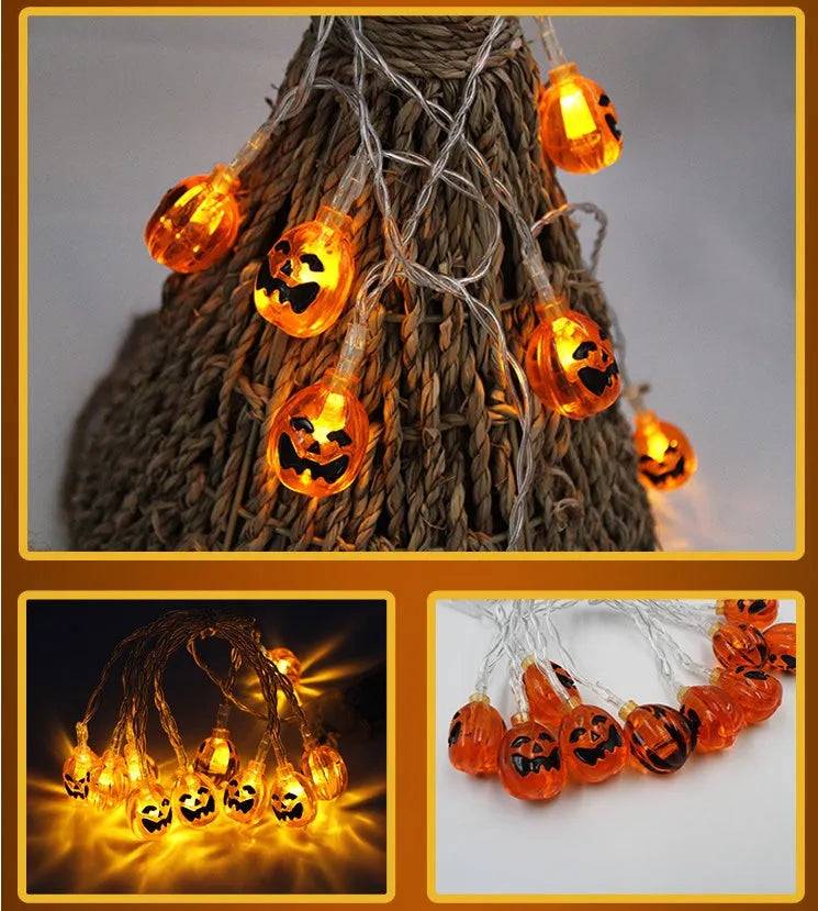 Halloween string lights with pumpkin, bat, and ghost LED lanterns hanging, showing white and coloured light options.