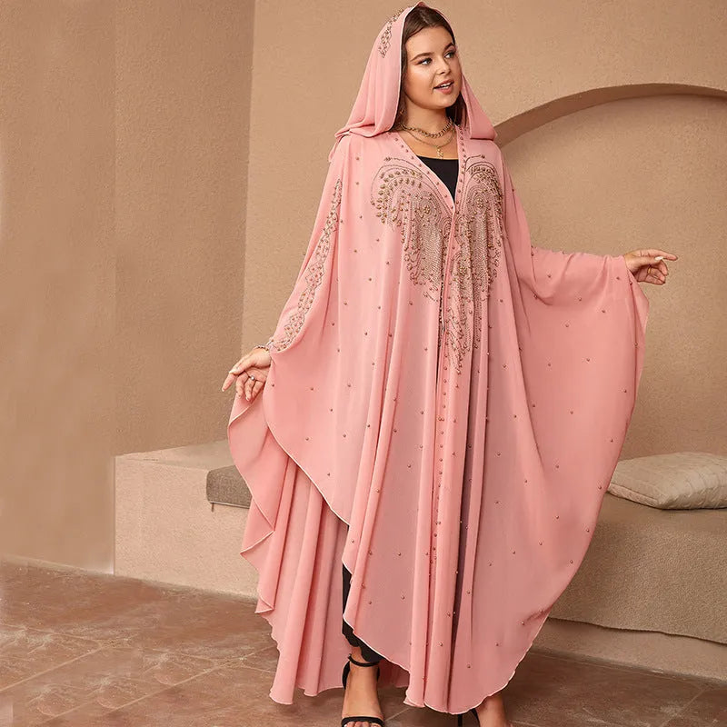 Purple Muslim-style chiffon cape shawl with rhinestone beading detail, showing sheer fabric and 135-175cm length