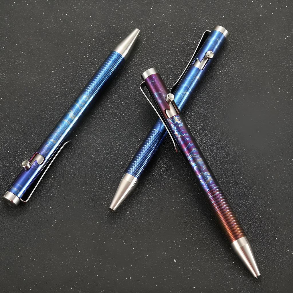Titanium alloy gun bolt handle ball pen with magic colour phantom finish showing length and diameter