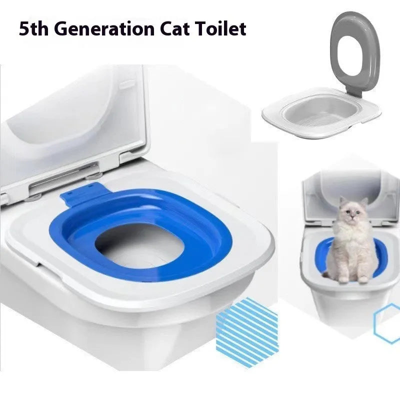 Fifth generation cat toilet trainer with removable litter mat in blue, grey, or green colours.