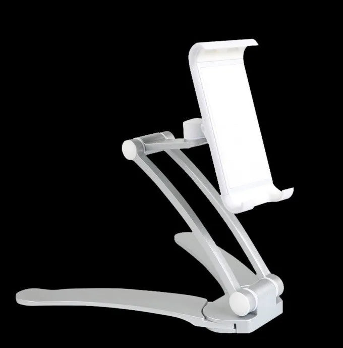Silver aluminum desktop tablet stand with white ABS base, showing adjustable clip holding a tablet.