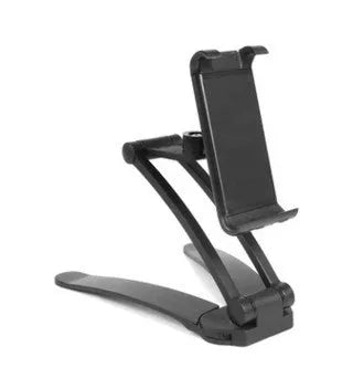 Silver aluminum desktop tablet stand with white ABS base, showing adjustable clip holding a tablet.